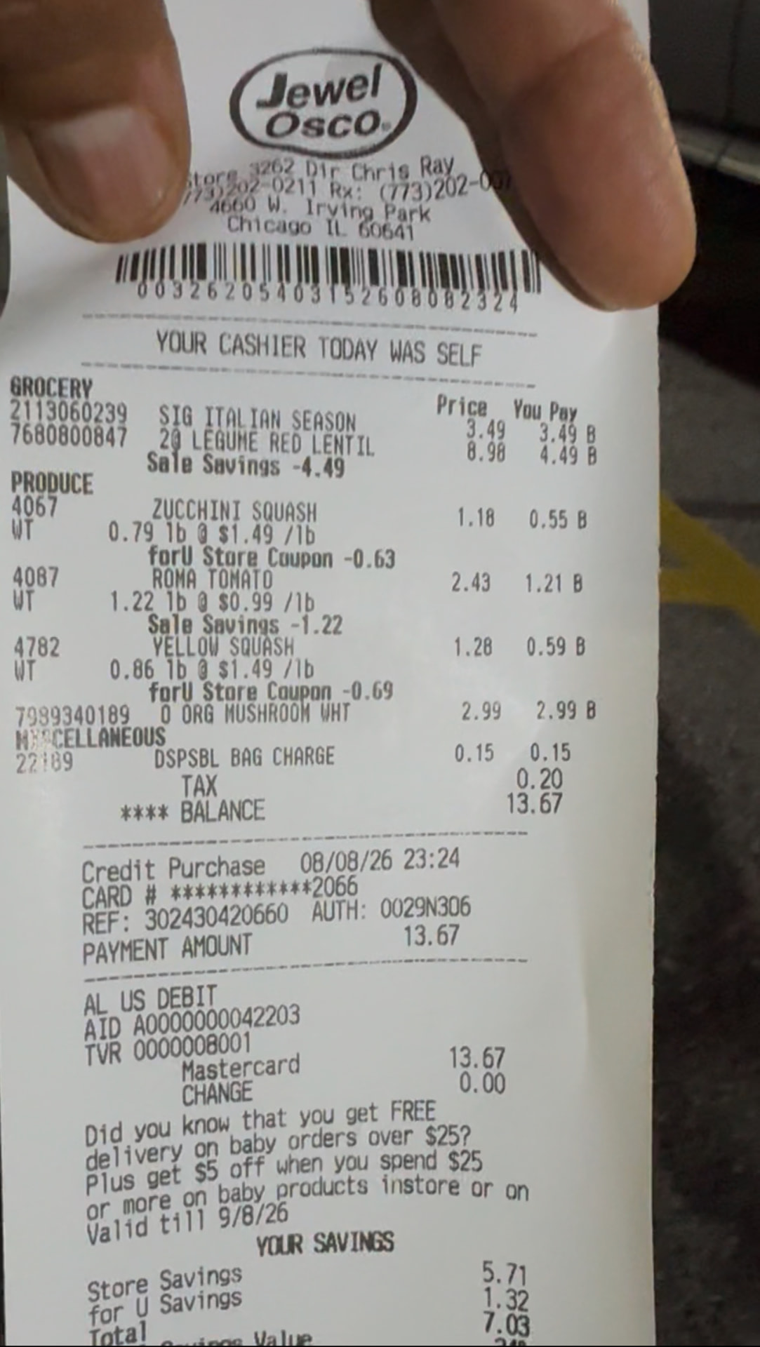 Jewel-Osco grocery receipt totaling $13.67