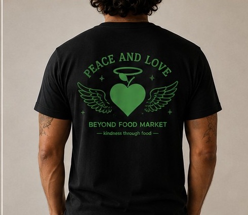 Back of the black Beyond Food Market t-shirt